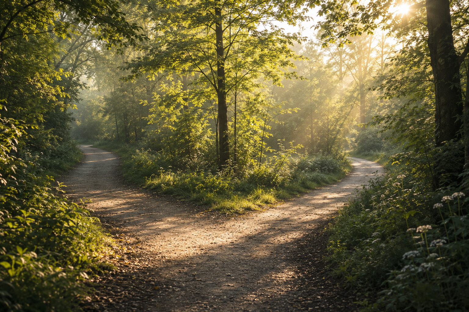 Two woodland paths diverging in soft morning light