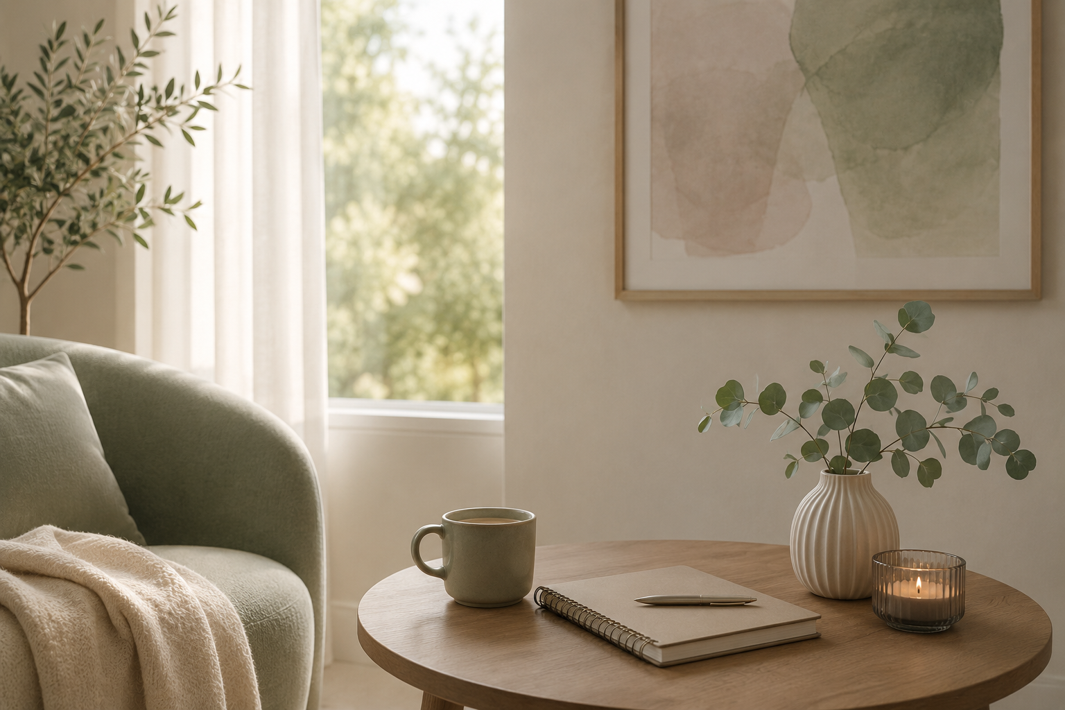 A calm, uncluttered living space with a single cup of tea