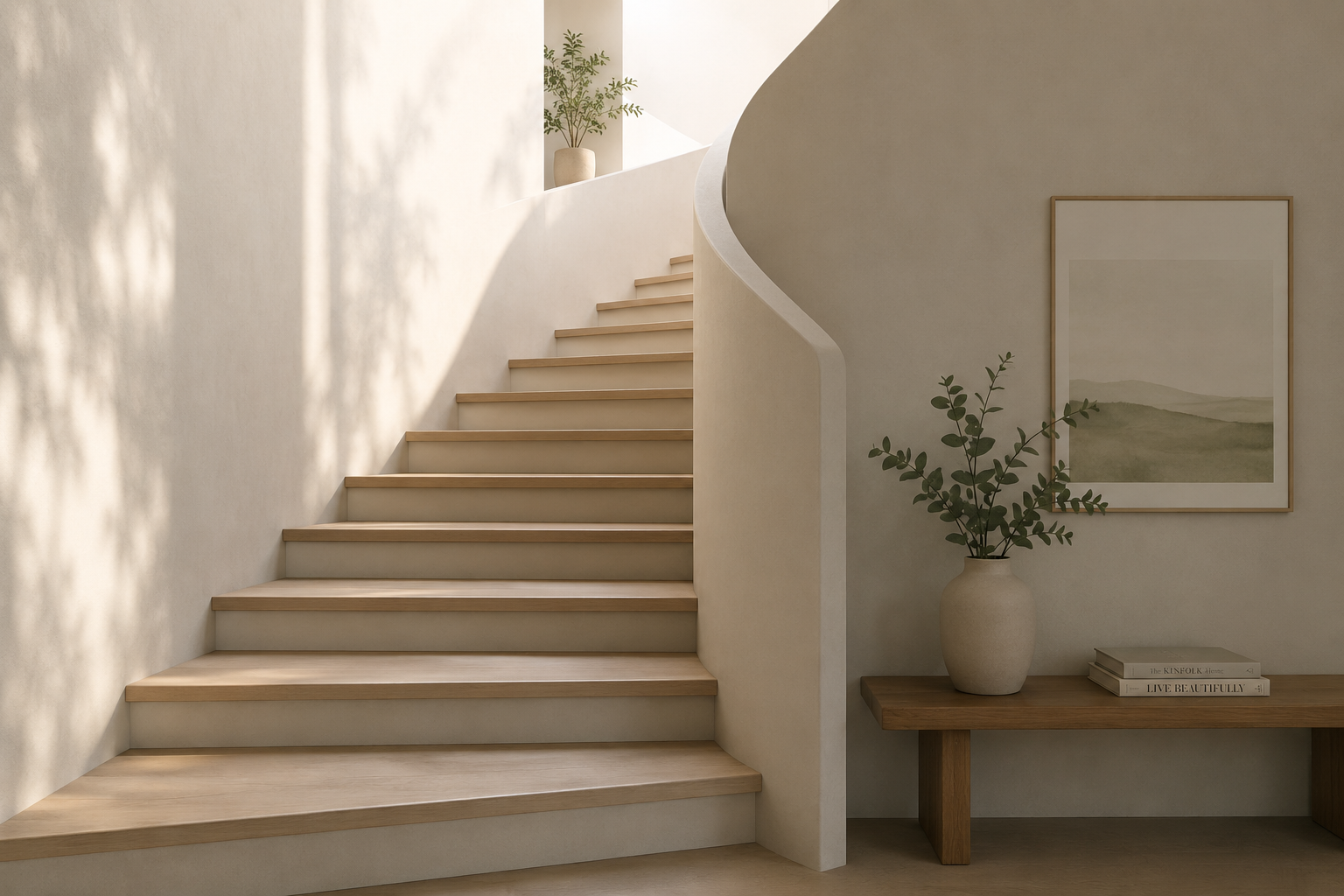 A calm, sunlit staircase curving gently upward