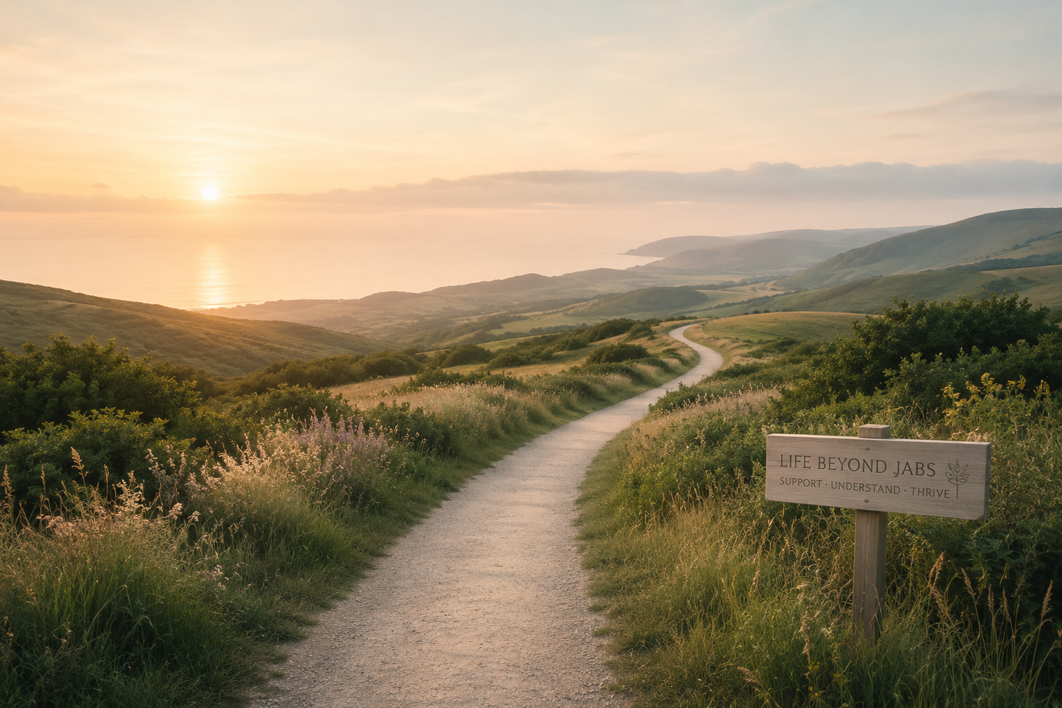A calm path winding gently into the distance at sunset